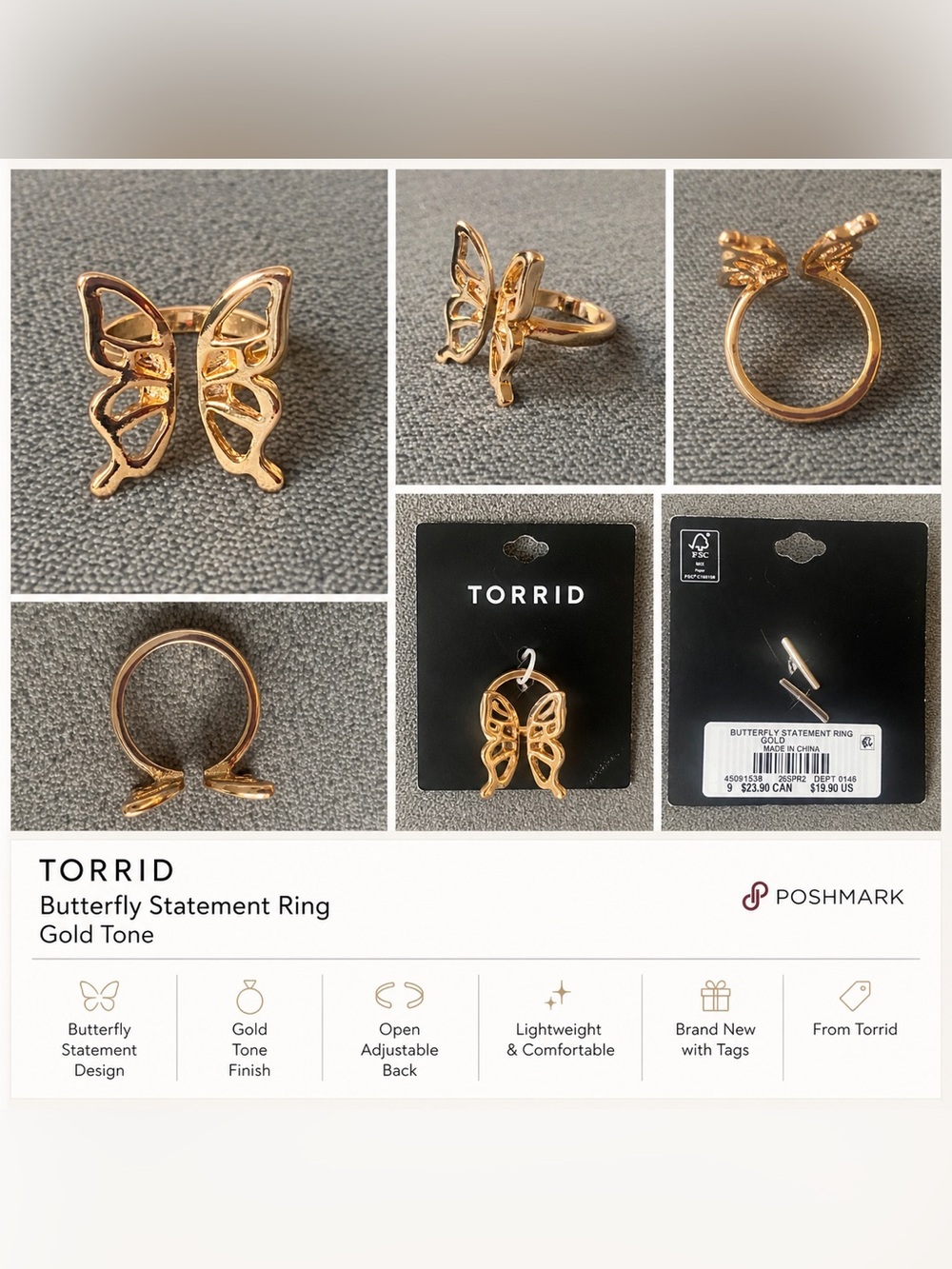 Torrid Butterfly Statement Ring – Gold – Size 9 (NWT) – SKU 45091538